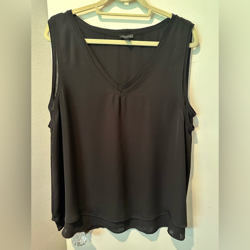 Ann Taylor Black Chiffon double layer Sleeveless V-Neck Tank Blouse Top Size XL